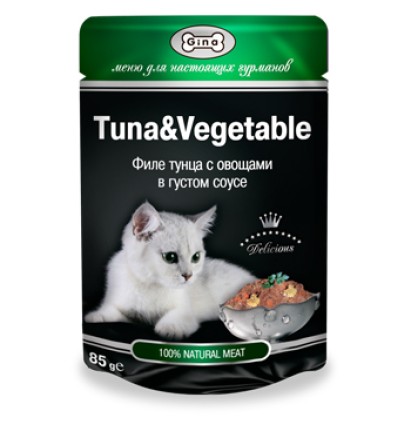 Gina консервы для кошек филе тунца с овощами в густом соусе пауч 85 гр.